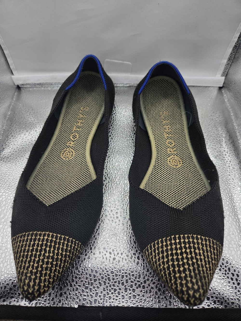Rothys Black Pointed Toe Knit Flats with Gold Accent - Picture 3 of 9